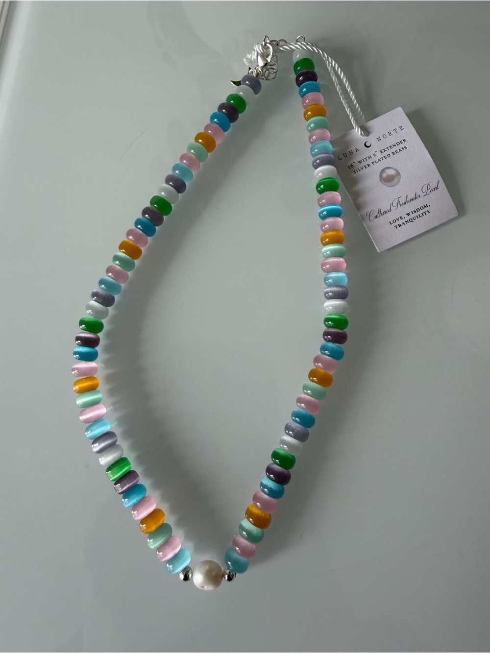 Luna Norte Cat eye Colorful Beaded Necklace with Pearl charm